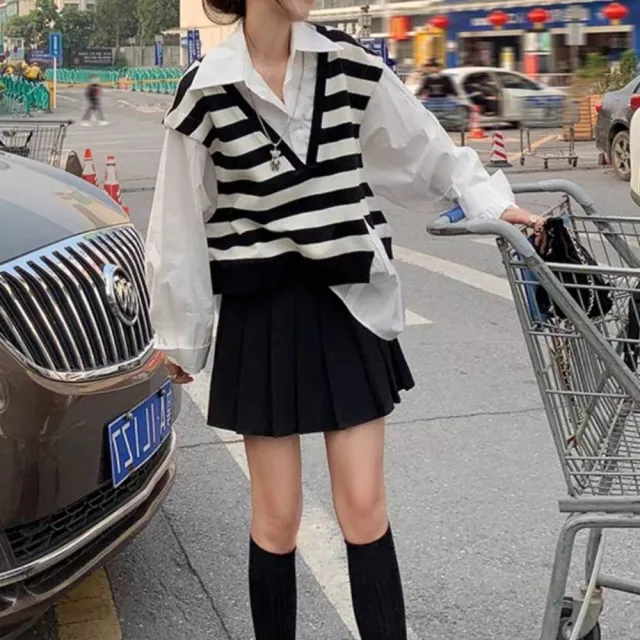 【BBHONEY】韓風甜美時尚 拼接假二件條紋 長版襯衫(長版襯衫)