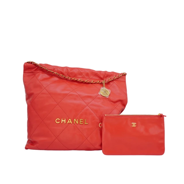 CHANEL 香奈兒 22 金logo中號小牛皮肩背包(AS3261-莓果紅)