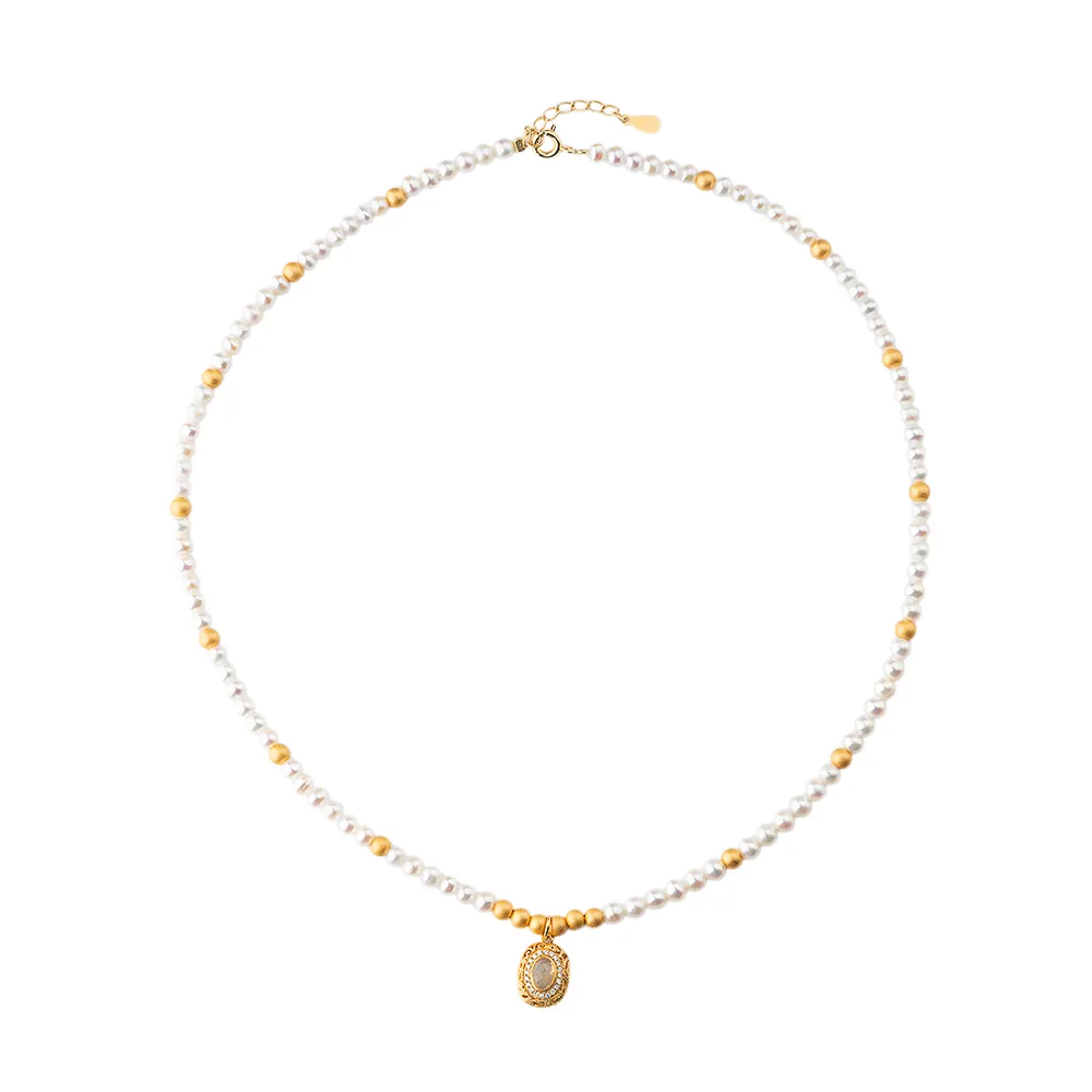 【K.D.J 圓融珠寶】天然珍珠項鍊 高品質 搭配蛋白石 鍍金包金 項鍊墜飾(4.5mm珠)