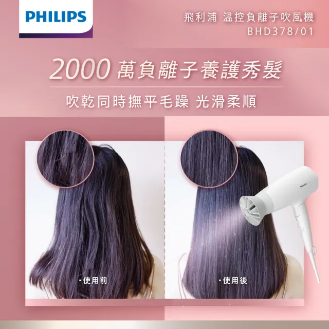 【Philips 飛利浦】溫控負離子護髮吹風機-晨露白(BHD378)