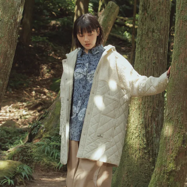 【MOSS CLUB】連帽羔羊貼口袋菱格壓棉長袖外套(黑 米)