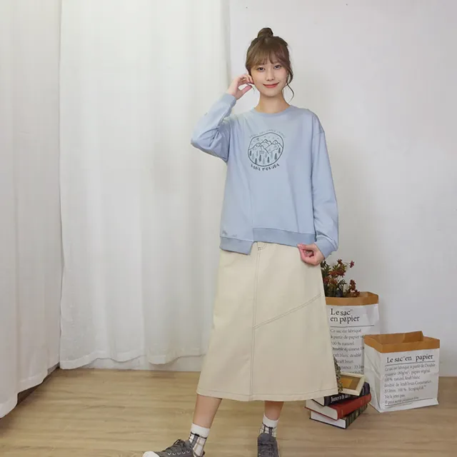 【Hana Mokuba】花木馬日系女裝不對稱剪接趣味植絨印花大學T(T恤)