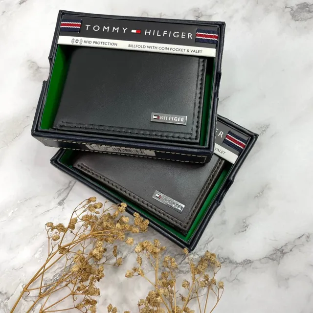 【Tommy Hilfiger】TOMMY HILFIGER 短夾 兩色 含零錢袋 皮夾  錢包 短夾  LOGO  生日禮物 禮盒(短夾7127)