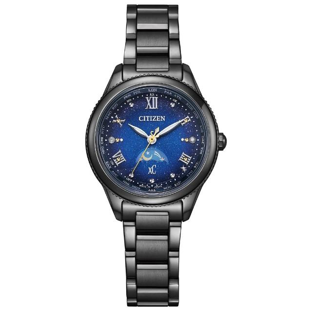 【CITIZEN 星辰】xC 限定款夜川月光動能日月顯示電波鈦金屬女錶-藍x黑/29mm 禮物(EE1007-75L)送禮