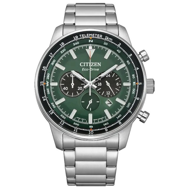 【CITIZEN 星辰】潮流自信光動能石英錶競速計時男錶-綠x銀/44mm 雙11(CA4500-91X)送禮