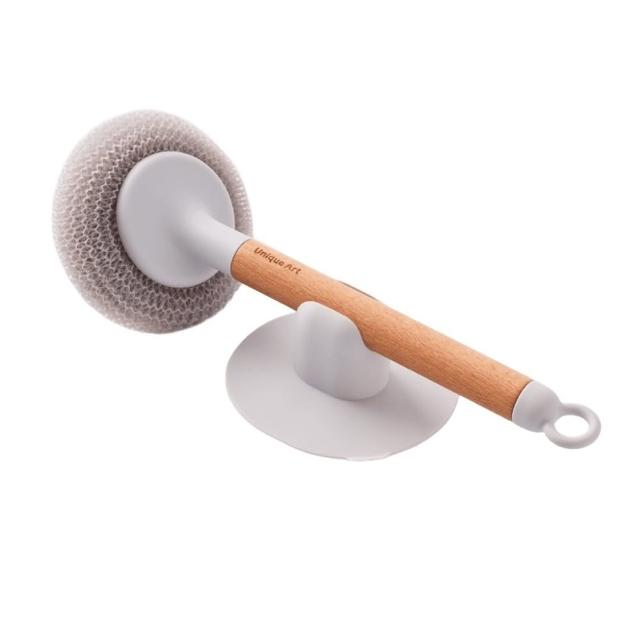 【Easy Kitchen】吸盤式木柄尼龍刷具組(鍋刷 尼龍刷 廚房 清潔 吸盤收納)