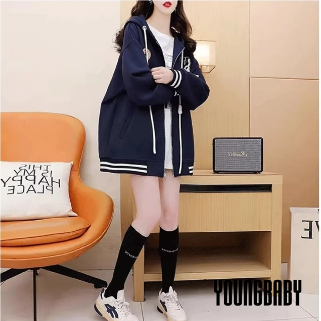 YOUNGBABY 小熊臉LOGO撞色連帽加絨保暖外套 中大尺碼女裝