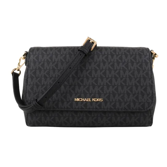 【Michael Kors】金字滿版MK皮革釦式斜背包(黑灰)