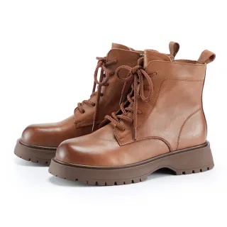 【CHOiCE】率性真皮綁帶鋸齒厚底短靴(棕色)