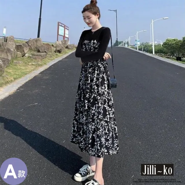 【JILLIKO】赫本風拼接碎花長裙洋裝連衣裙M/L/XL(多款任選)