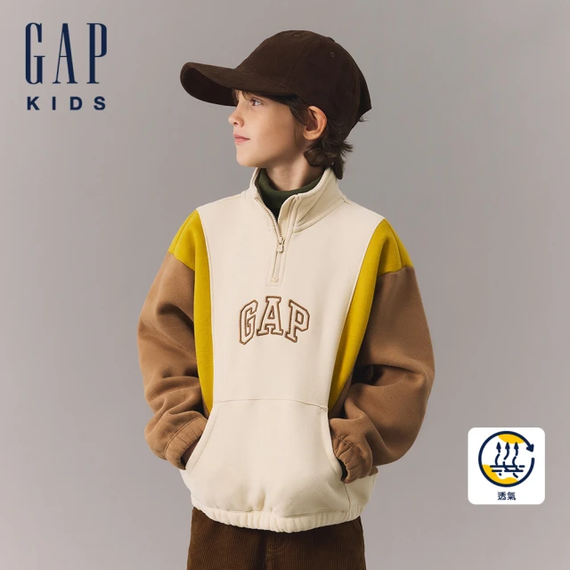 GAP 男童裝 Logo刺繡刷毛立領長袖上衣-米色拼接(593929)