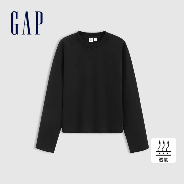 GAP 女裝 Logo刺繡刷毛圓領長袖T恤-黑色(600762)