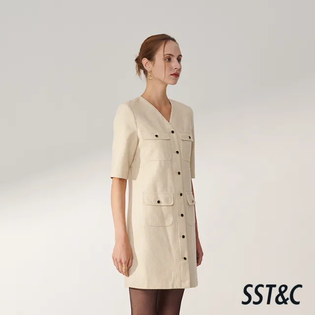 【SST&C】女裝 米色V領薄毛呢洋裝01222410002(換季55折)