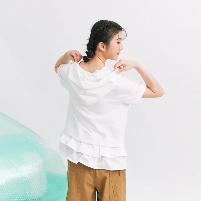 【Dailo】後腰荷葉連帽短袖上衣(白 綠)
