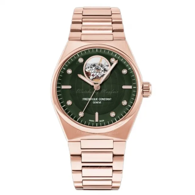 【CONSTANT 康斯登】HIGHLIFE系列 心跳鏤空玫瑰金真鑽機械腕錶/附贈綠色錶帶34mm(FC-310MPGRD2NH4B)