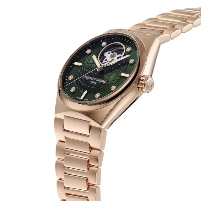 【CONSTANT 康斯登】HIGHLIFE系列 心跳鏤空玫瑰金真鑽機械腕錶/附贈綠色錶帶34mm(FC-310MPGRD2NH4B)