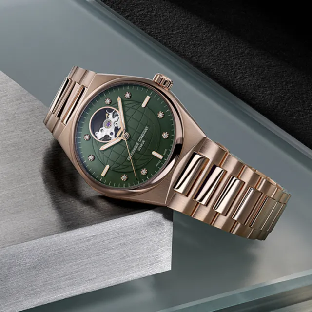 【CONSTANT 康斯登】HIGHLIFE系列 心跳鏤空玫瑰金真鑽機械腕錶/附贈綠色錶帶34mm(FC-310MPGRD2NH4B)
