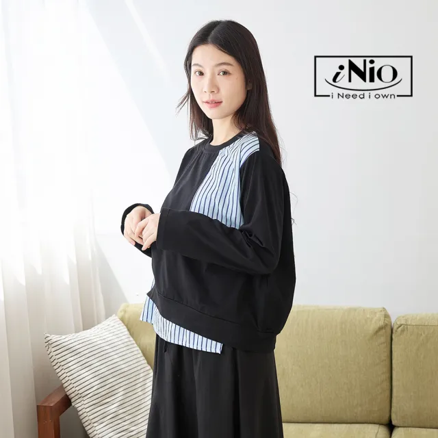 【iNio 衣著美學】長袖上衣 現貨 造型拼接 條紋 長袖棉T CDW1740