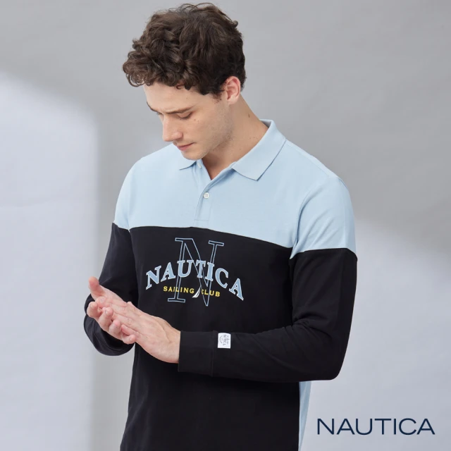 NAUTICA 男裝 美式LOGO拼接長袖POLO衫(黑色)