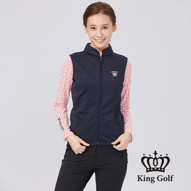 KING GOLF 網路限定款-女款LOGO刺繡愛心字母印圖中厚款刷毛背心外套(丈青)