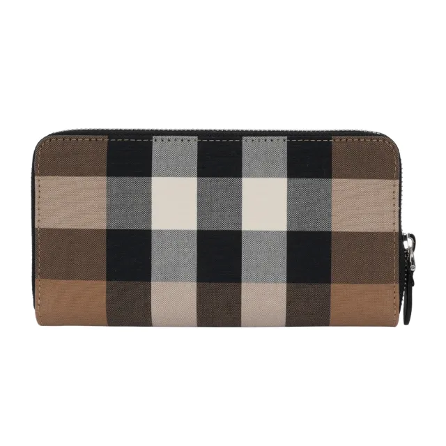 【BURBERRY 巴寶莉】大格紋帆布ㄇ形拉鍊長夾(灰褐色/棕色)