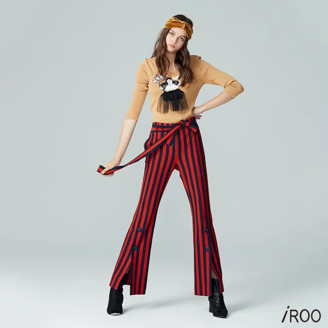 【iROO】條紋綁帶設計長褲