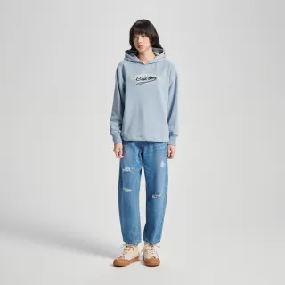 【SOMETHING】女裝 拼接鋪棉長袖連帽T恤(淺藍色)