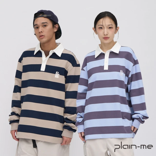 plain-me 安芝儇 秋冬代言人 條紋橄欖球長袖衫 PLN3607-242(男款/女款 共3色 長袖 休閒上衣 polo衫)