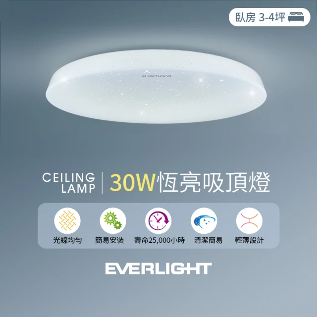 Everlight 億光 30W恆亮 LED壁切吸頂燈 適用3-4坪 2年保固 白光(含基本安裝)