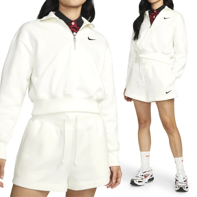 NIKE 耐吉 PHNX FLC QZ Crop 女款 白色 寬鬆 半拉鍊 短版 小勾 刺繡 刷毛 長袖 DQ5768-133