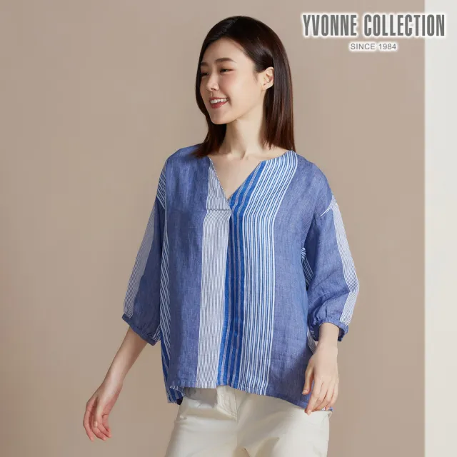 【YVONNE 以旺傢飾】出清品 條紋拼接亞麻V領七分袖上衣(網路限定)