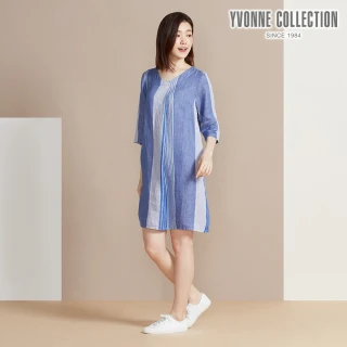 【YVONNE 以旺傢飾】出清品 條紋拼接亞麻七分袖洋裝(網路限定)