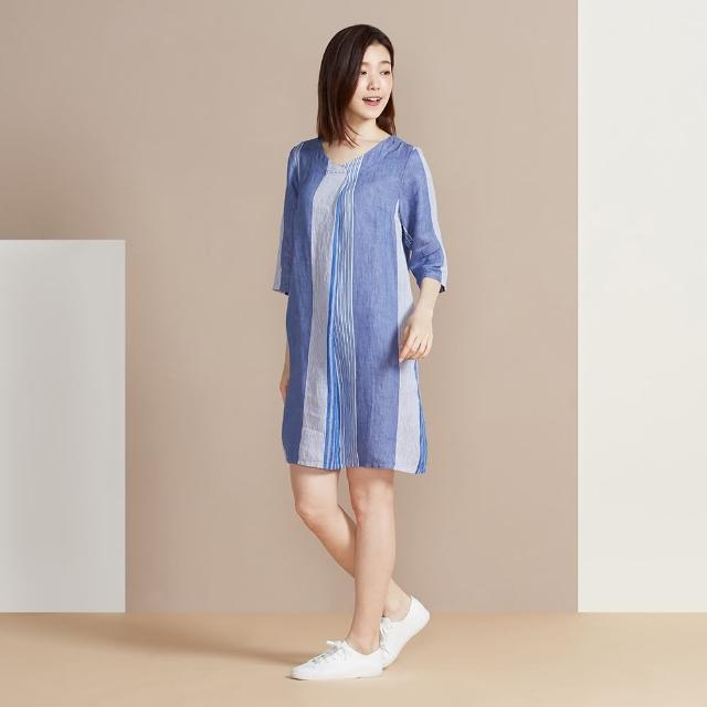 【YVONNE 以旺傢飾】出清品 條紋拼接亞麻七分袖洋裝(網路限定)
