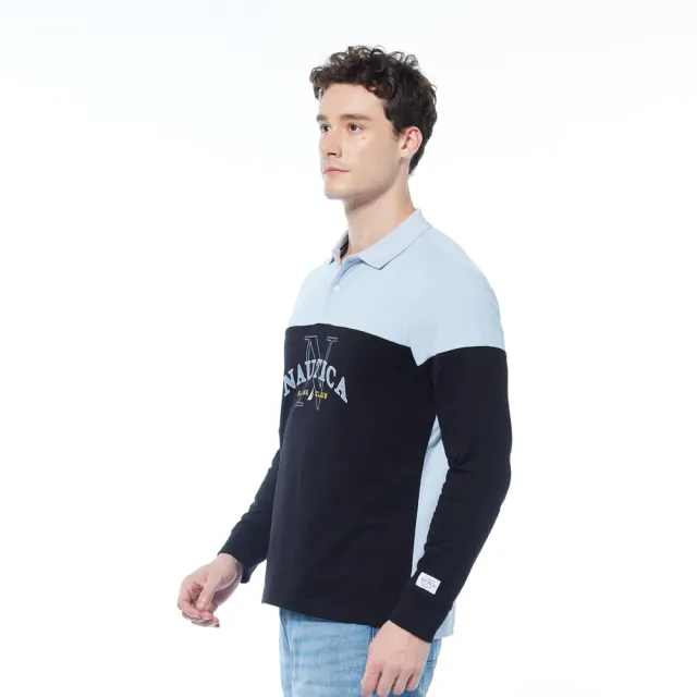 【NAUTICA】男裝 美式LOGO拼接長袖POLO衫(黑色)