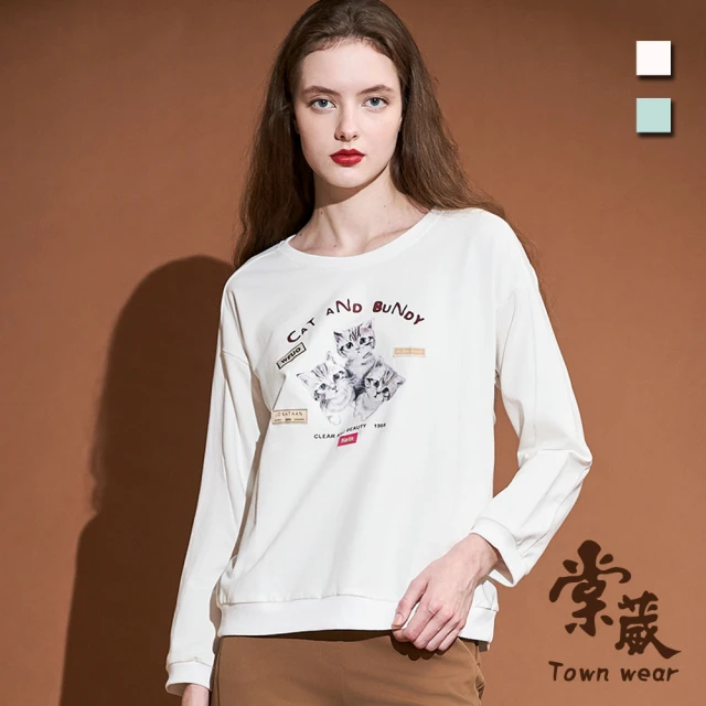 TOWN’WEAR 棠葳 貓咪印圖棉質T恤 2色(女上衣/女上著/長袖/印字/素色/休閒/拼接)