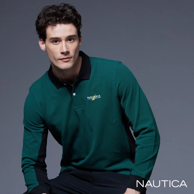 NAUTICA 男裝 跳色拼接文字長袖POLO衫(綠色)