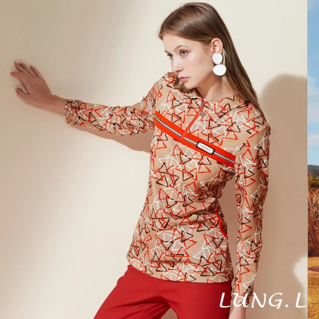 LUNG.L 林佳樺 LQ82A橘色三角形印花長版長袖女裝polo衫(秋冬新品 加大尺碼)