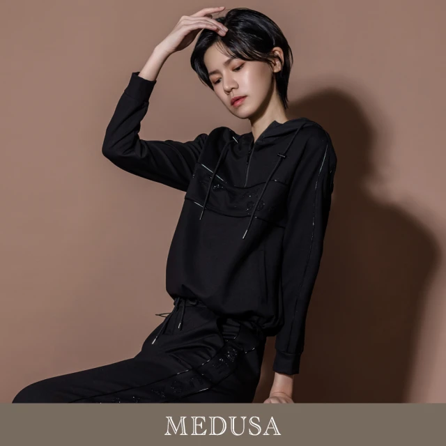 MEDUSA 曼度莎 現貨-黑色金屬感滾邊連帽運動上衣（M-XL）｜女帽T 女休閒上衣(501-7060A)