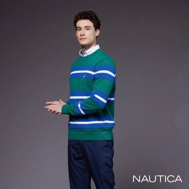 NAUTICA 男裝 純棉跳色條紋長袖針織衫(綠色)