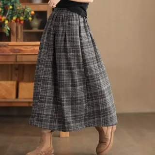 【ACheter】英式復古重工色織格紋半身裙保暖羊毛感長裙#123780(黑灰/咖啡)
