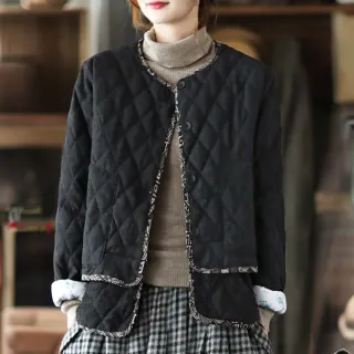 【ACheter】復古民族風夾棉圓領長袖外套保暖短棉襖文藝#123786(黑)