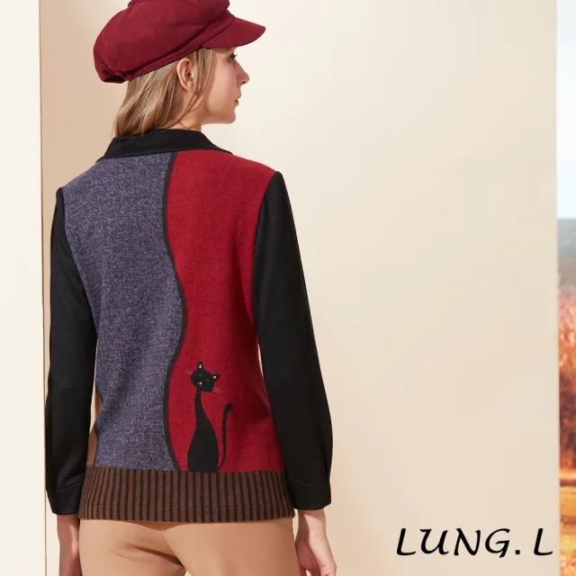 【LUNG.L 林佳樺】LQ47A黑色貓咪圖案小圓領長版長袖女裝上衣(秋冬新品 加大尺碼)