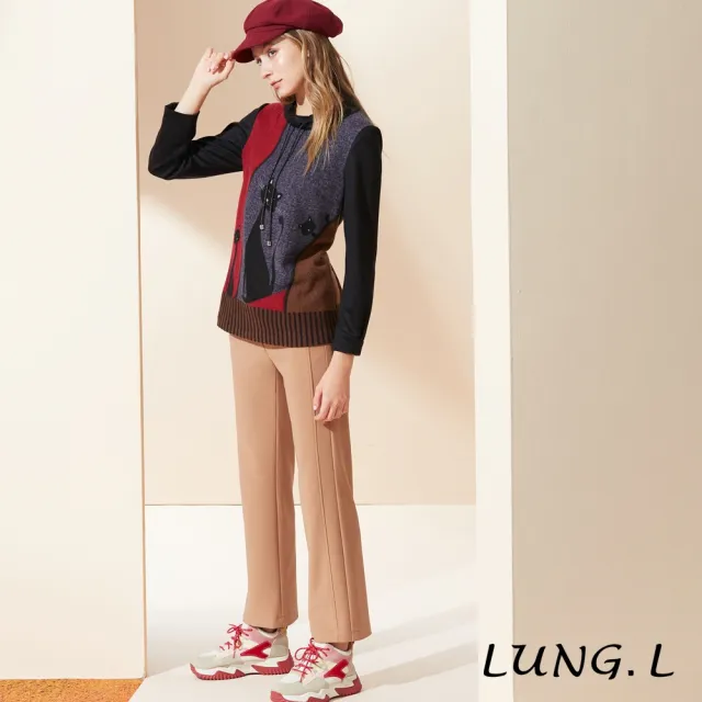 【LUNG.L 林佳樺】LQ47A黑色貓咪圖案小圓領長版長袖女裝上衣(秋冬新品 加大尺碼)