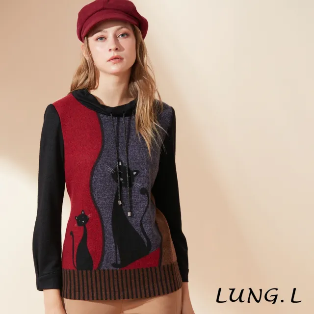 【LUNG.L 林佳樺】LQ47A黑色貓咪圖案小圓領長版長袖女裝上衣(秋冬新品 加大尺碼)
