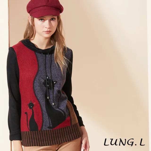 【LUNG.L 林佳樺】LQ47A黑色貓咪圖案小圓領長版長袖女裝上衣(秋冬新品 加大尺碼)