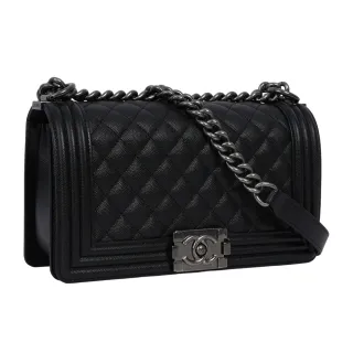 【CHANEL 香奈兒】荔枝牛皮菱格紋銀釦 Boy Chanel 25cm(黑色)