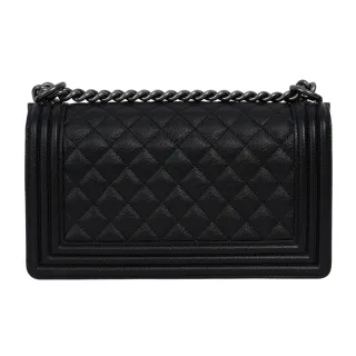 【CHANEL 香奈兒】荔枝牛皮菱格紋銀釦 Boy Chanel 25cm(黑色)