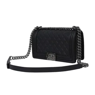 【CHANEL 香奈兒】荔枝牛皮菱格紋銀釦 Boy Chanel 25cm(黑色)