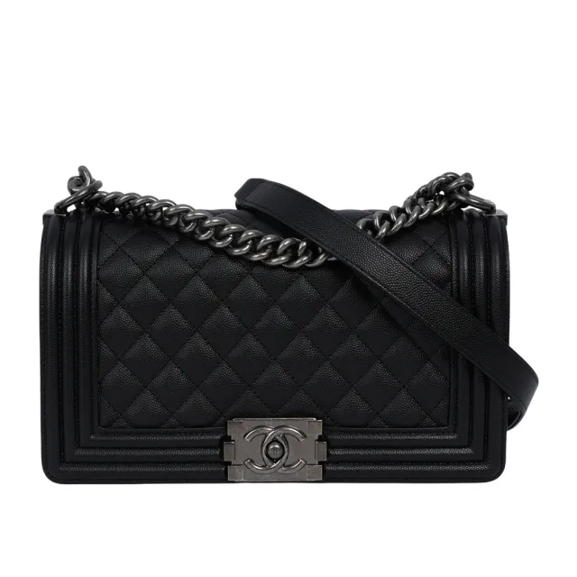 【CHANEL 香奈兒】荔枝牛皮菱格紋銀釦 Boy Chanel 25cm(黑色)