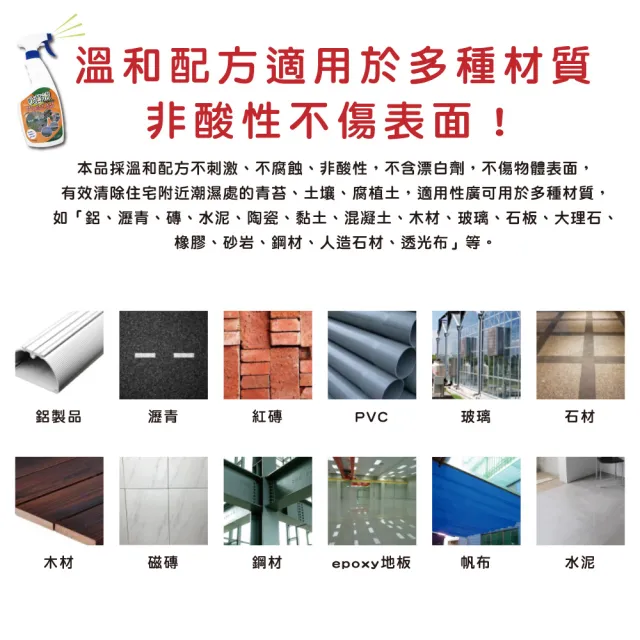 【台灣吹苔清】除青苔清潔劑-噴槍型550ml/瓶(預防地板外牆除霉水垢傢俱柵欄露營涼亭公園球場)